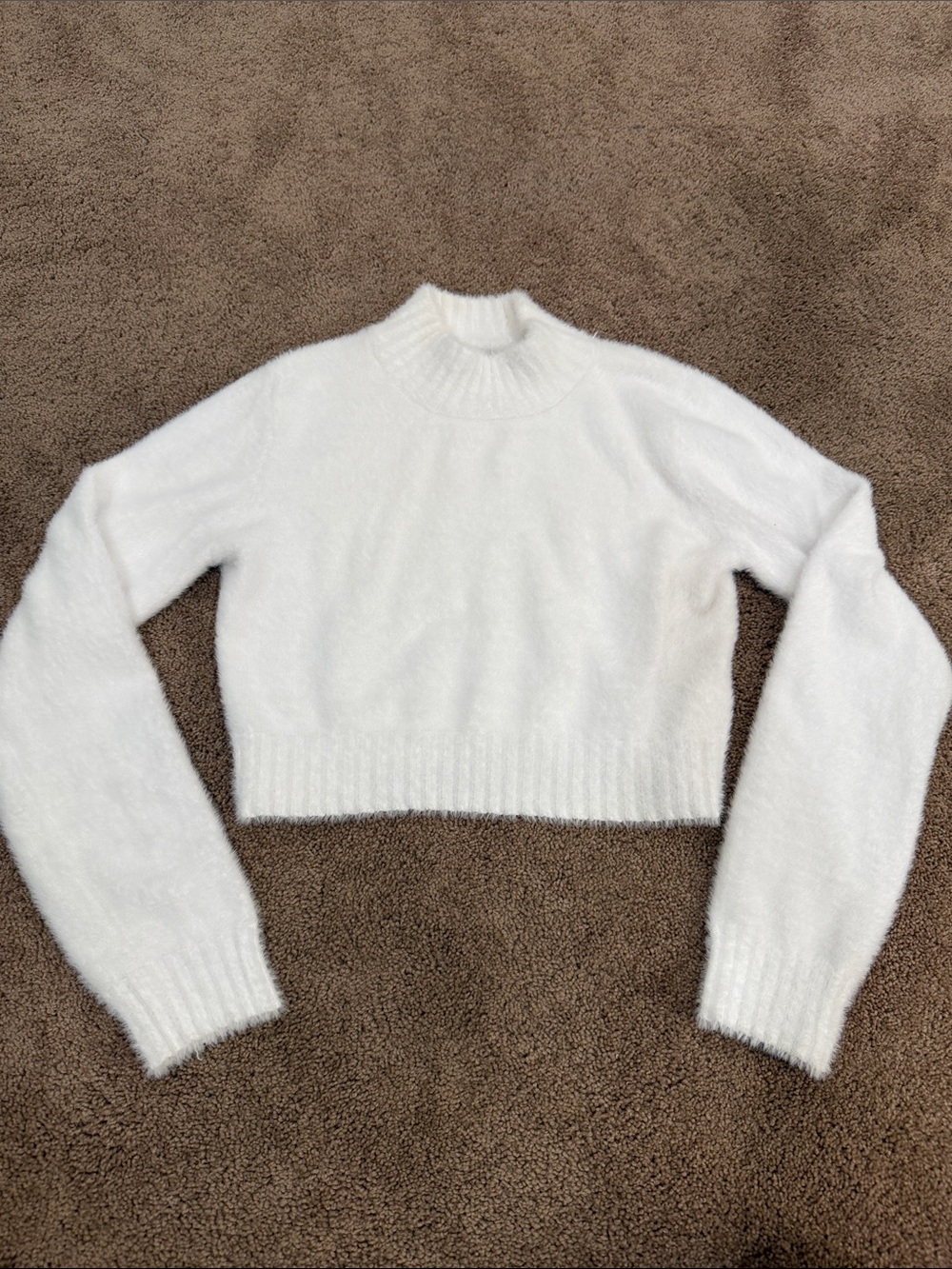 Women's White Fuzzy Cropped Mock Neck Sweater